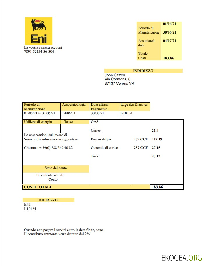 Italy Gas utility bill template in .doc and .pdf format, fully editable